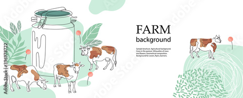 Horizontal agricultural background. Silhouettes of cows and flowers.