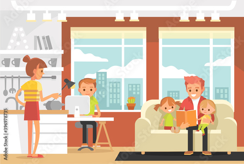 Vector portrait of full big young whole family, all members gather together at home at week end in house interior,in shared living common room space.Family daily activities on everyday domestic life.
