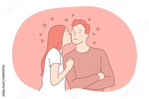 Love, dating, couple togetherness concept. Young loving happy girlfriend cartoon character kissing her boyfriends cheek and feeling love. Couple enjoying time together and kissing illustration