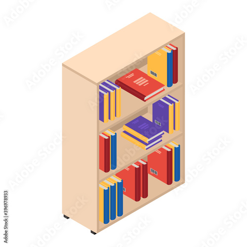 Isometric bookcase isolated on white background. 3d rendering. Vector illustration.