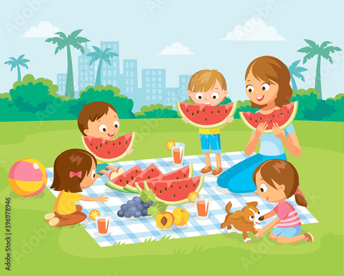 Vector portrait mother and 4 four kids children eating large red watermelon and fruits on picnic at the park on blanket.Summer picnic.Son daughter mom spending time on weekend having meal food.