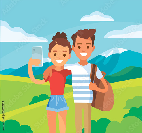 Vector traveller couple pair stands making selfie in front of panoramic view on green valley surroundings witn hills, snow-capped mountain peaks on backgound horizon