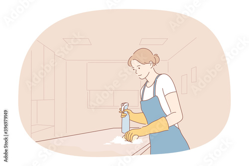 Housewife, cleaning, job career concept. Young woman professional cleaner in apron washing surfaces with special brush and making housework in apartment. Job, specialist, working sphere illustration