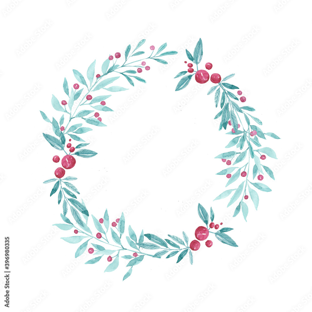Watercolor christmas wreath with branches and berries isolated on white background. Circle frame for your design