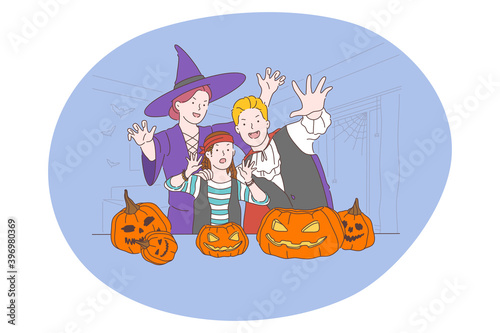 Celebrating Halloween holiday in spooky costumes concept. Young family with child in festive scaring costumes celebrating Halloween day with many pumpkins on table at home vector illustration 