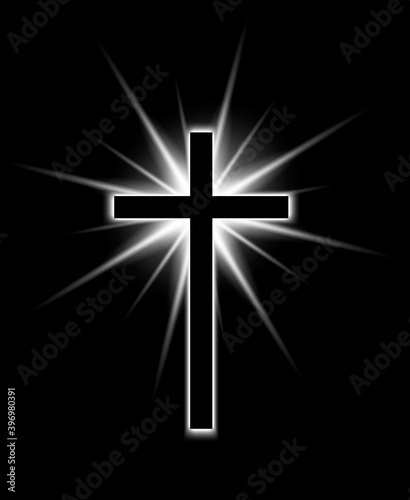 Religioush cross with sun rays  shine on the dark  background, illustration EPS10.