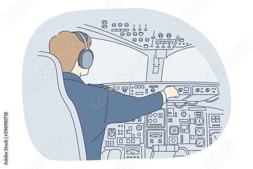 Professions, occupation, work concept. Man professional pilot in uniform cartoon character sitting and cabin and flying airplane during flight, rear view. Job, specialist, working sphere illustration 