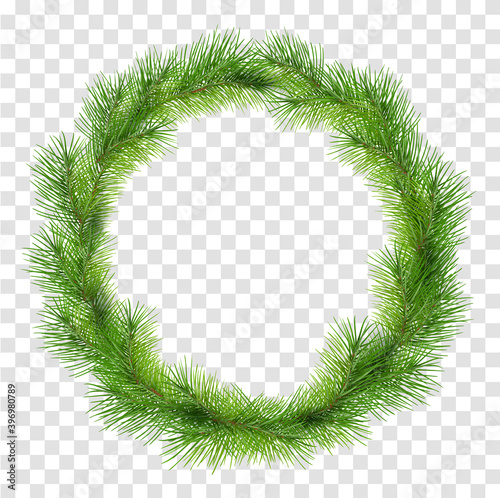 Green christmas wreath of fir pine branches isolated on transparent background