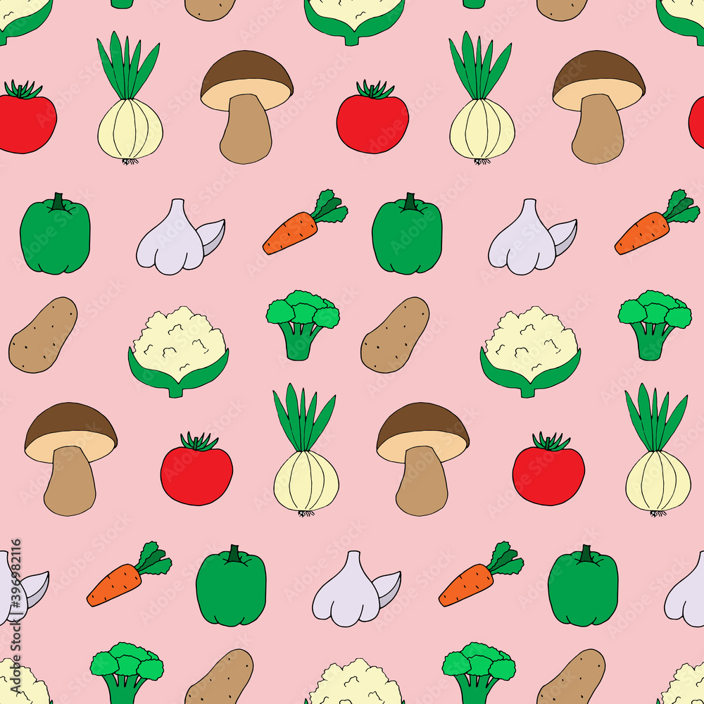Seamless pattern with doodle style vegetables. Print for wallpaper, wrapping paper, textile background. Hand drawn illustration, good nutrition style. Vegetarian healthy, natural and organic food
