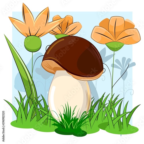 Brown mushroom on the background of a blooming meadow. Wildflowers and grass. Vector isolated on white. Cartoon flat style. Beautiful little forest mushroom. Scenery. Landscape.