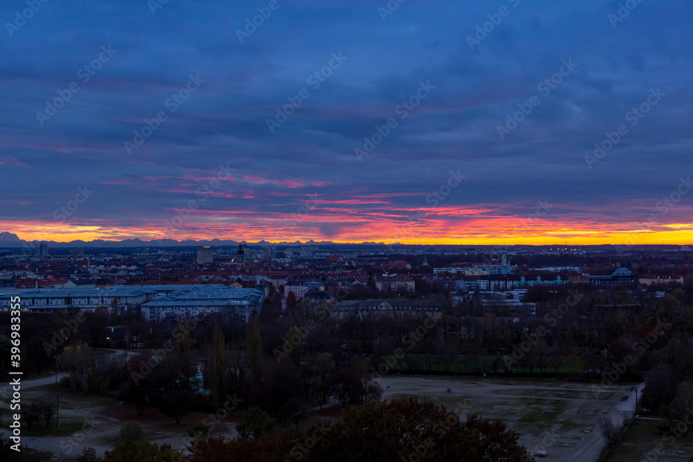 South Munich sunset during a cloudy autumn afternoon.