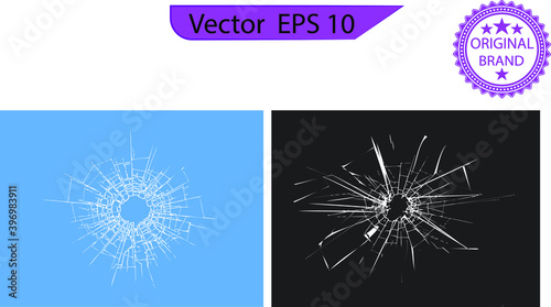 Broken glass, cracks, bullet marks on glass. High resolution. Texture glass with black hole. cracked glass effect, cracked windows, cracked mirror or wall.  cracked glass effect, broken glass, cracked