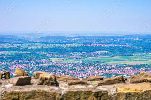 Surroundings of Reutlingen, Baden-Württemberg, Germany - View from the Achalm castle ruin over the surroundings of Reutlingen, Baden-Württemberg, Germany.