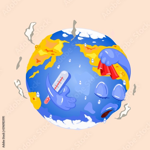 Earth planet with thermometer suffer from temperature. Vector forest fires, world damage and danger. Poor nature, ecology and global warming design isolated on beige background