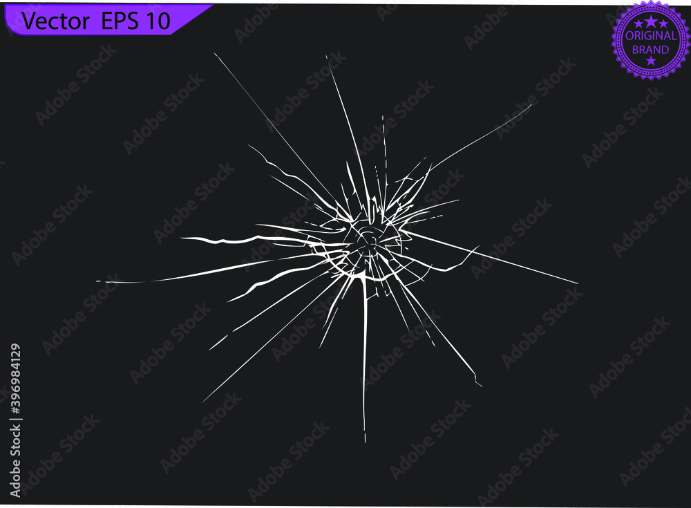 Obraz premium Broken glass, cracks, bullet marks on glass. High resolution. Texture glass with black hole. cracked glass effect, cracked windows, cracked mirror or wall. cracked glass effect, broken glass, cracked