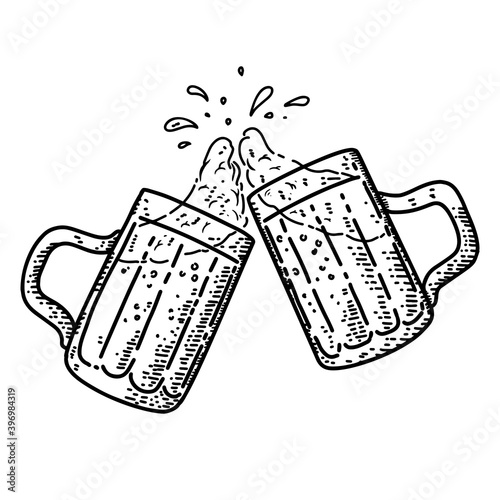 Illustration of beer mugs in engraving style. Design element for emblem, sign, poster, card, banner, flyer. Vector illustration