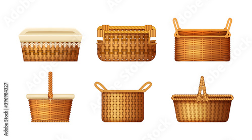 Realistic wicker basket set. Handcraft decorative basketry picnic containers. Empty wicker basket for Easter holiday, picnic, home decoration vector