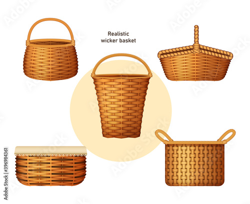 Realistic wicker basket set. Handcraft decorative basketry picnic containers. Empty wicker basket for Easter holiday, picnic, home decoration vector