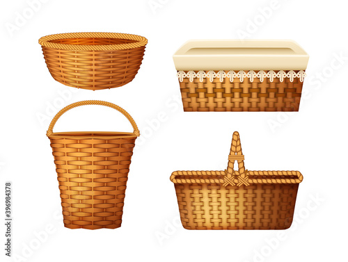 Realistic wicker basket set. Handcraft decorative basketry picnic containers. Empty wicker basket for Easter holiday, picnic, home decoration vector