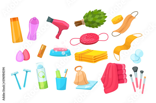 Bathroom with bath accessories. Soap dish, glass with paste and brushes, shaving cream, bathroom, sink cleaners, hairdryer, mirror, bathrobe, combs and makeup accessories vector