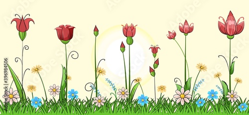 Blooming meadow with grass and flowers. Sky. The sun is on the horizon. Scenery. Cartoon style. Romantic fabulous illustration. Beautiful natural view. Wild plant nature. Rural scene. Vector
