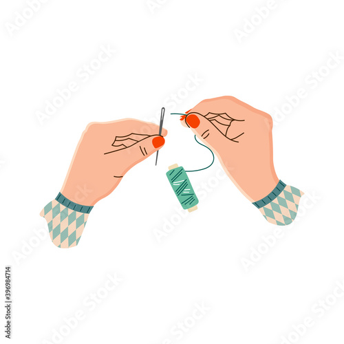 Vector illustration of women's hands holding a thread and needle. Hands of a seamstress in flat design. A spool of green thread and red-orange nails. Creative hobby. Isolated on a white background 