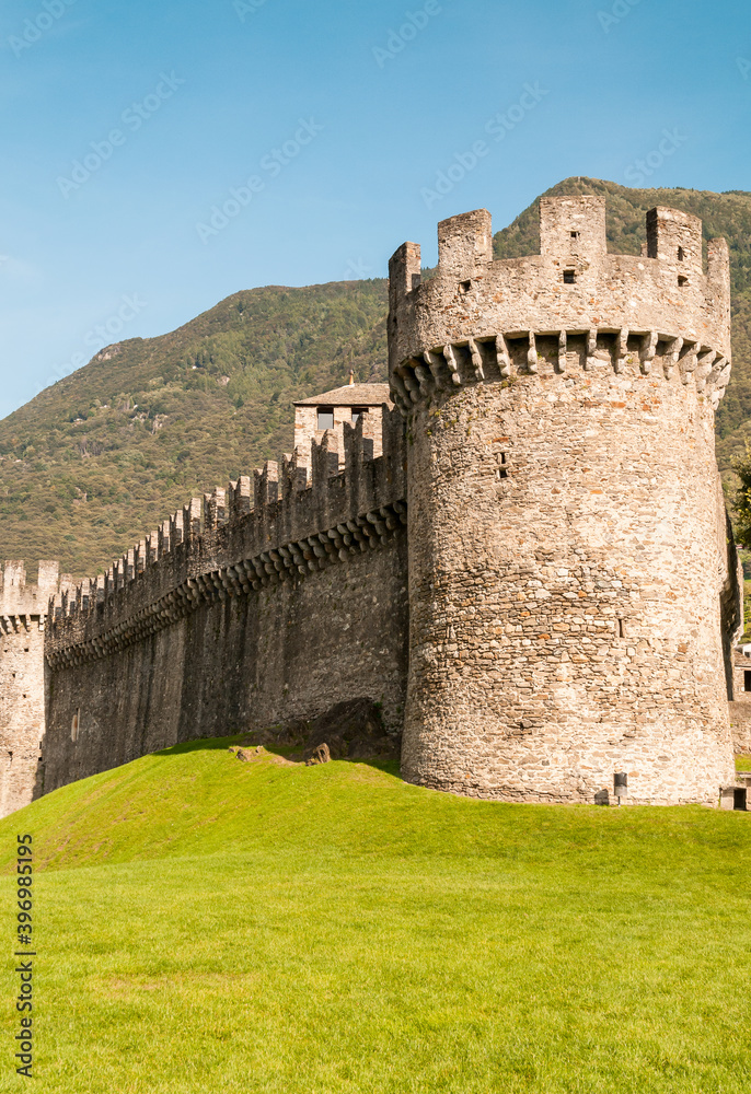Montebello Castle located on a rocky hilltop east of town Bellinzona, Ticino, Switzerland