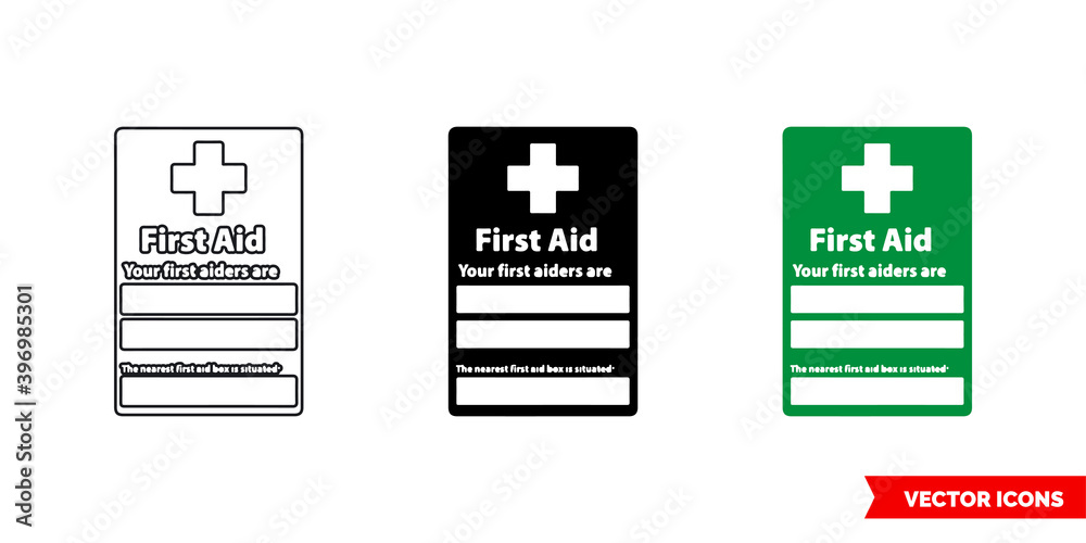 Your first aidert are the nearest first aid box is situated sign icon of 3 types color, black and white, outline. Isolated vector sign symbol. Your first aidert are the nearest first aid box is situated sign icon of 3 types color, black and white, outline. Isolated vector sign symbol.