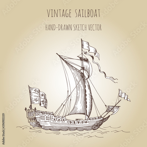 Old caravel, vintage sailboat. Hand drawn vector sketch. Detail of the old geographical maps of sea