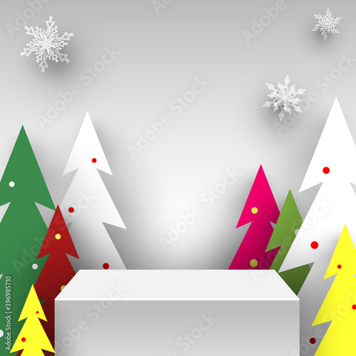 Christmas square podium with snowflakes and trees. Exhibition stand. Pedestal. Vector illustration.