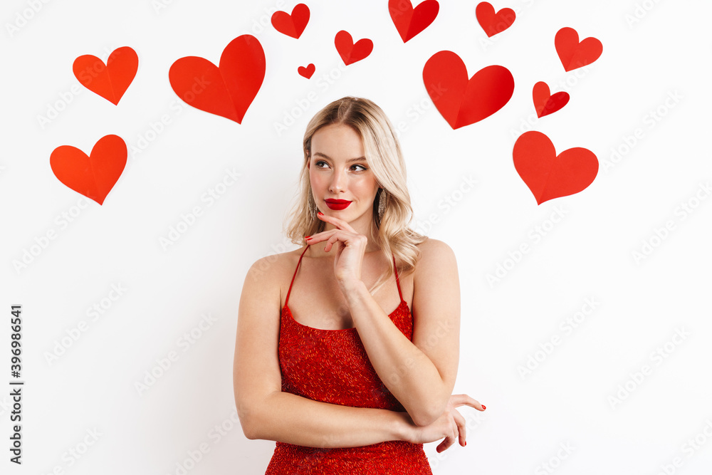 Thinking woman in red dress with red lipstick Thinking woman in red dress with red lipstick