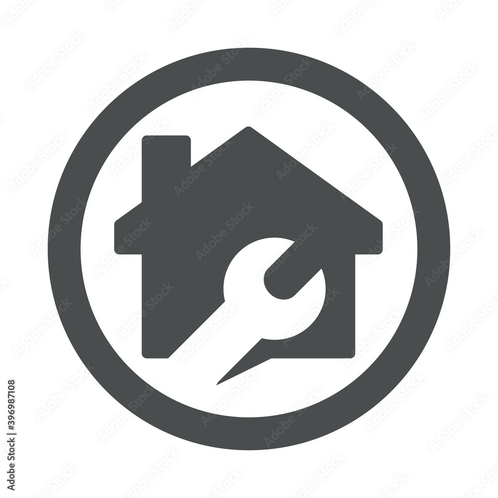 Logotipo con herramienta llave en silueta de casa en círculo de color gris Logotipo con herramienta llave en silueta de casa en círculo de color gris