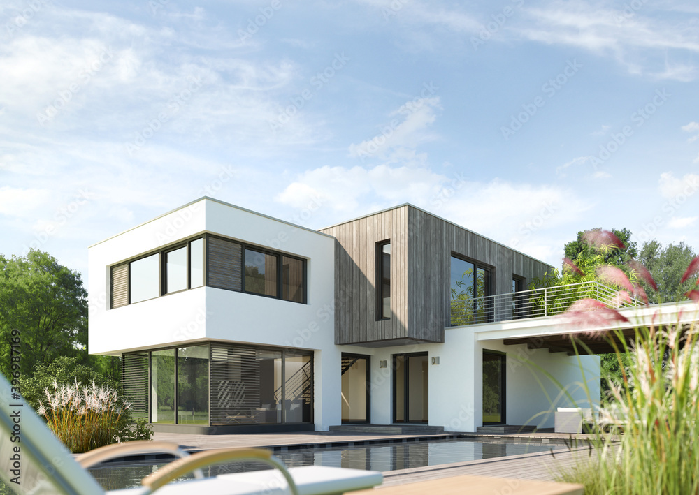 Fototapeta premium Moderne kubische Villa mit Pool