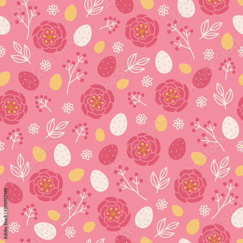 Easter seamless pattern with eggs, berry, leaves, flowers