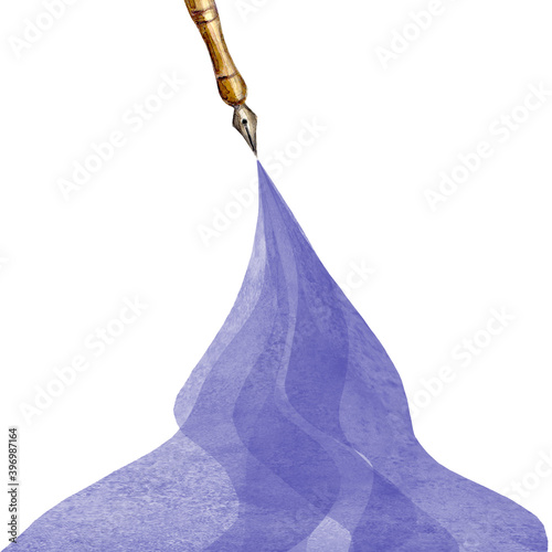 Vintage style fountain pen with spilled purple ink on white background