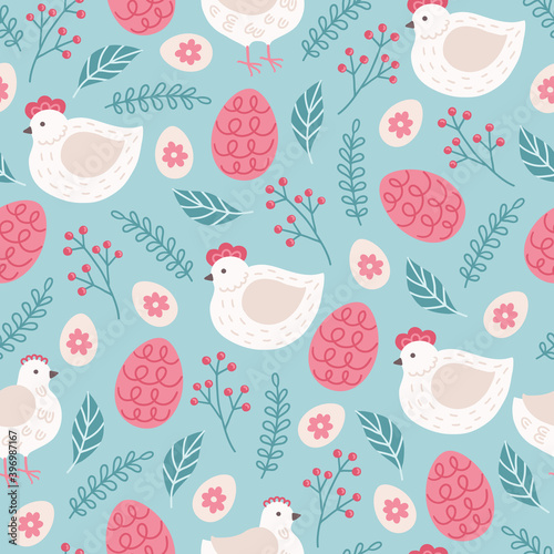 Easter seamless pattern with hen, berry, leaves, eggs. Scandinavian style