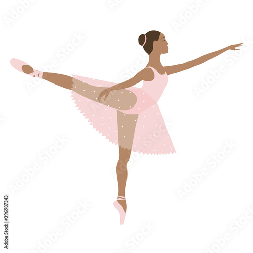 Dancing ballerina brown skin, girl in tutu and pointe shoes, pink dress. Vector illustration, performing classical ballet, vector flat style.