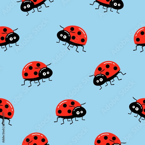 Seamless background with cartoon ladybug on blue. Simple pattern. Vector illustration.