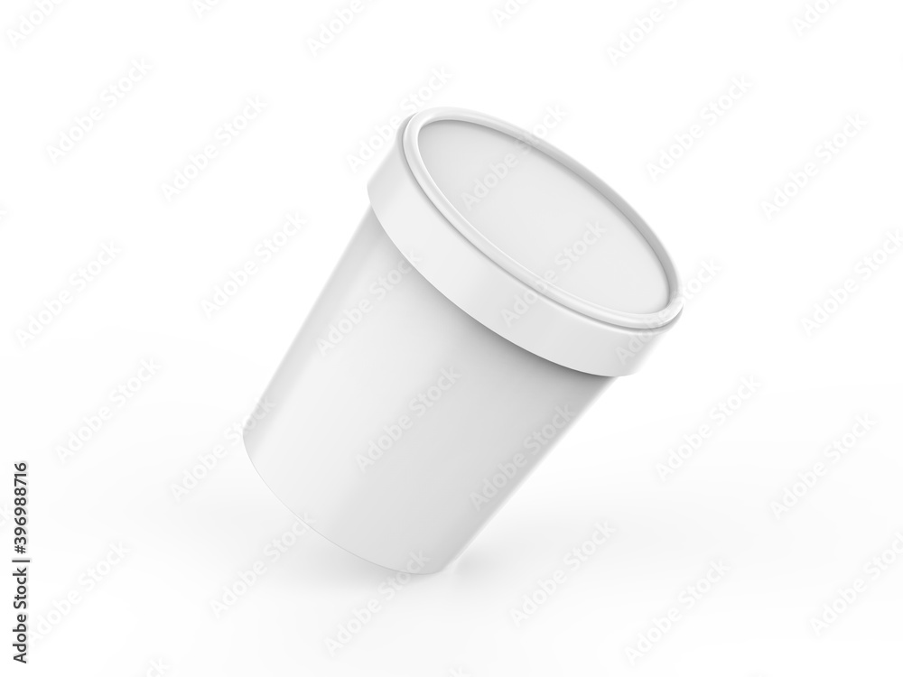 White ice cream round tub mockup on isolated white background, realistic rendering of plastic box, 3d illustration White ice cream round tub mockup on isolated white background, realistic rendering of plastic box, 3d illustration