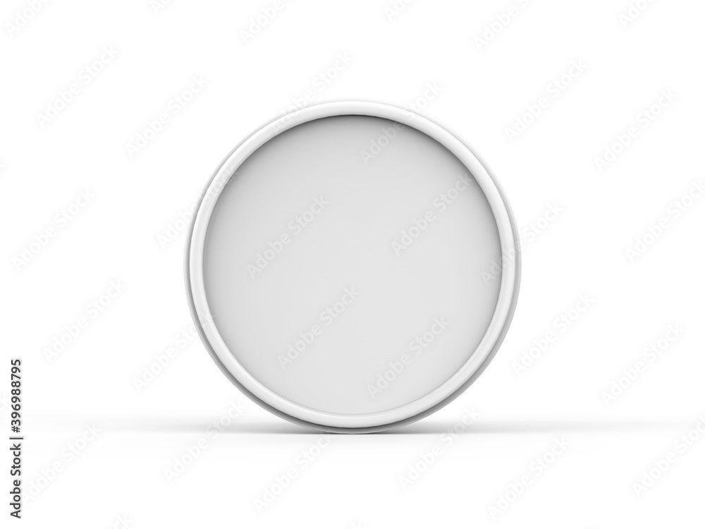 White ice cream round tub mockup on isolated white background, realistic rendering of plastic box, 3d illustration White ice cream round tub mockup on isolated white background, realistic rendering of plastic box, 3d illustration