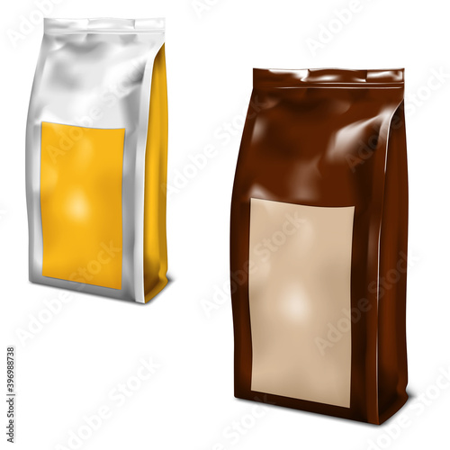 Foil, paper or plastic gusseted bag with blank label - color set, realistic vector illustration. Stand up pouch. Coffee, tea, sweets vacuum package, template. Easy to recolor