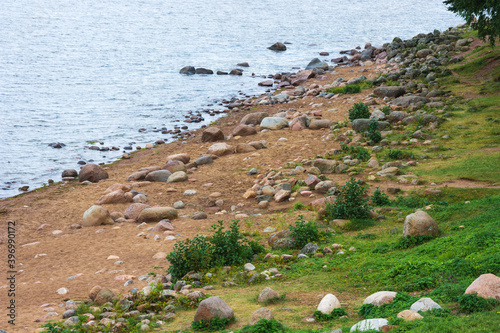 Rocky coast of the Gulf of Finland in Petrodvorets, St. Petersburg