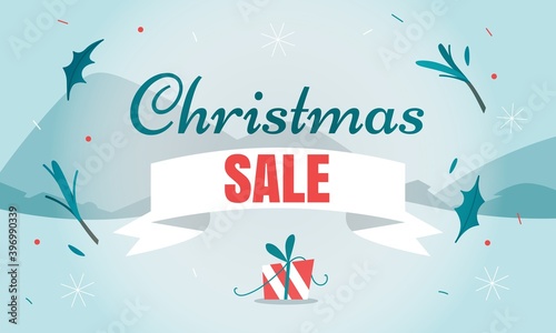Christmas sale horizontal banner template with a holiday gift. Xmas and New Year discounts and special offers. Celebrating winter holidays remotely amid the coronavirus pandemic
