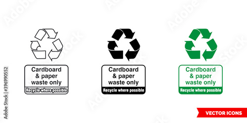 Cardboard and paper waste only recycle where possible sign icon of 3 types color, black and white, outline. Isolated vector sign symbol.