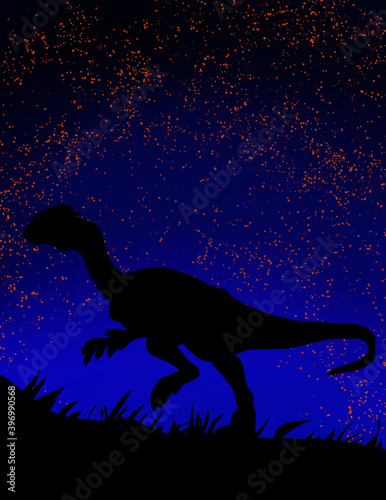 фотографія illustration silhouette of dinosaur with stars on blue moon light