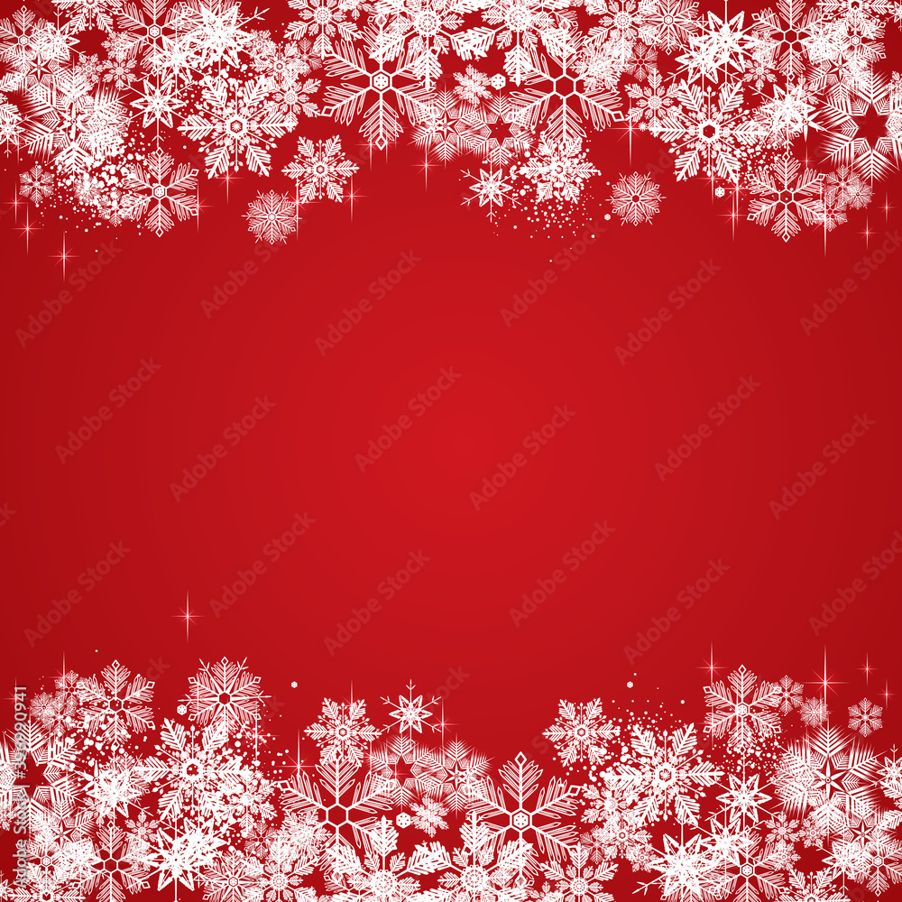 White winter snowflakes on a red background - Merry Christmas and winter snow design