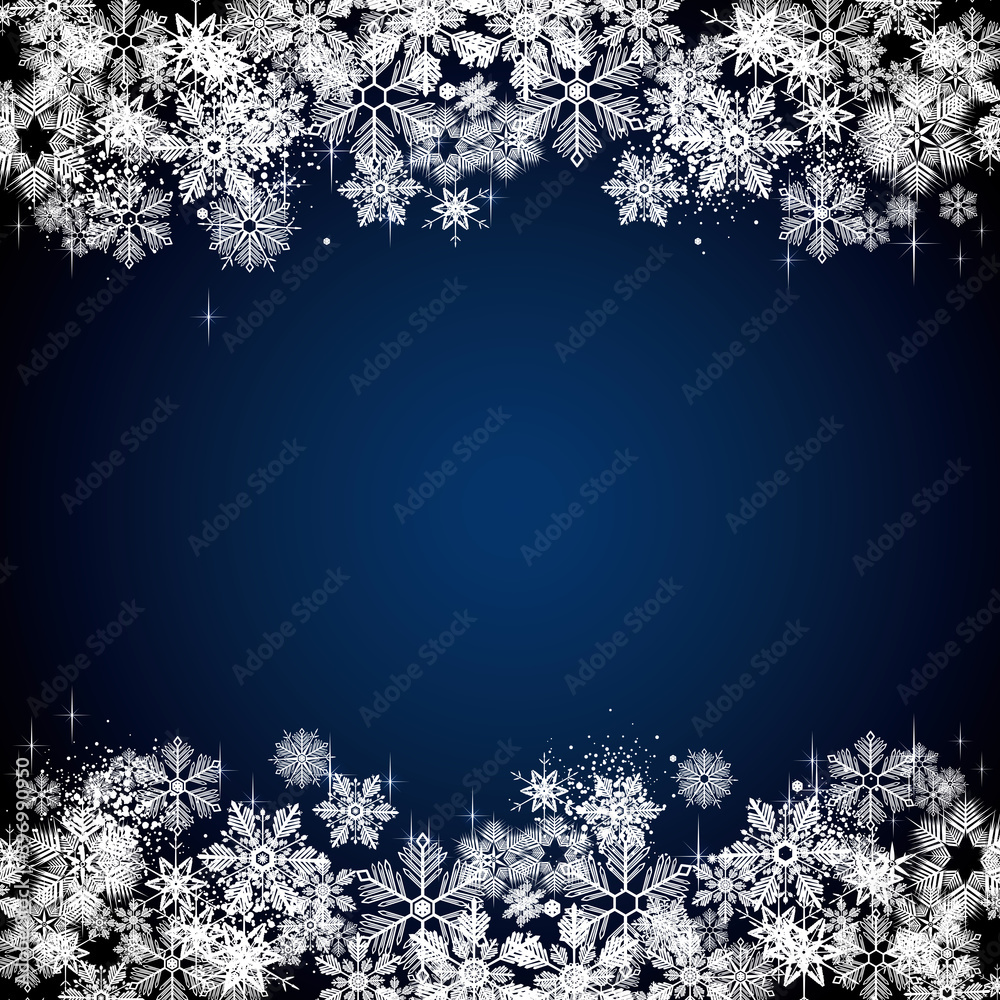 White winter snowflakes on a blue background - Merry Christmas and winter snow design