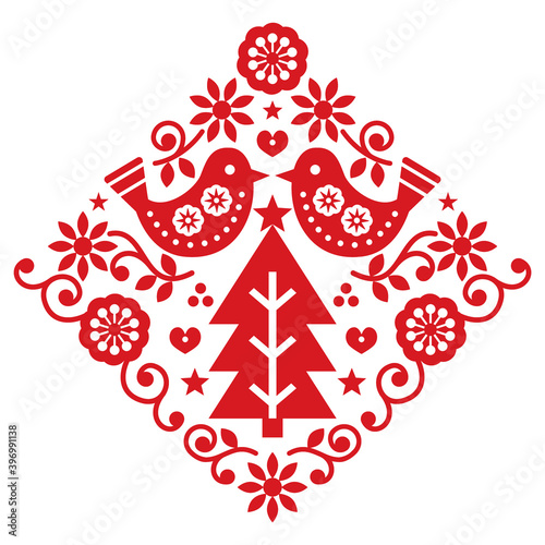 Christmas Scandinavian folk art vector greeting card pattern with birds and flowers in red, festive Nordic design