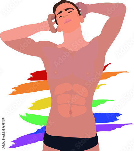 Handsome man. Happy gay and  rainbow flag. 
