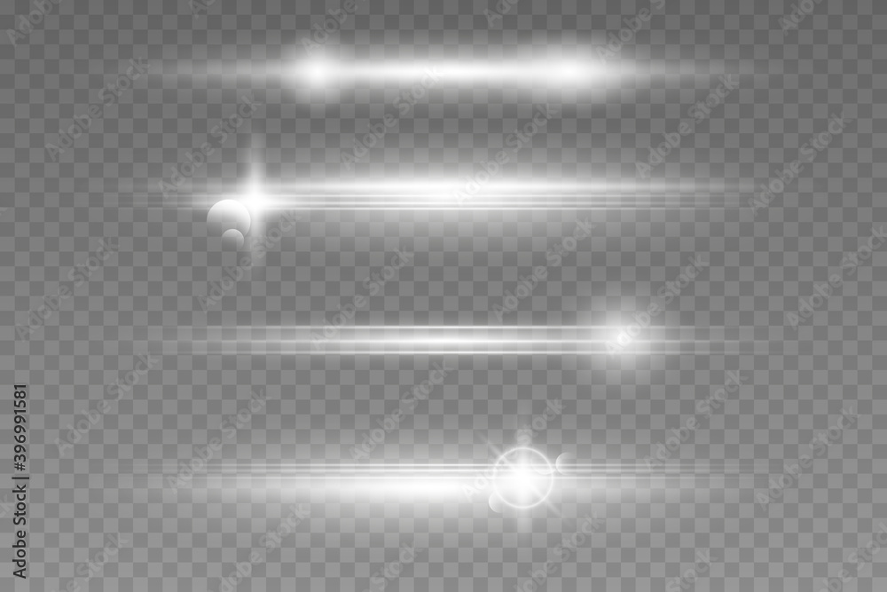 White horizontal lens flares pack, laser beams, light flare.  Beautiful light flares. Glowing streaks on light background. 